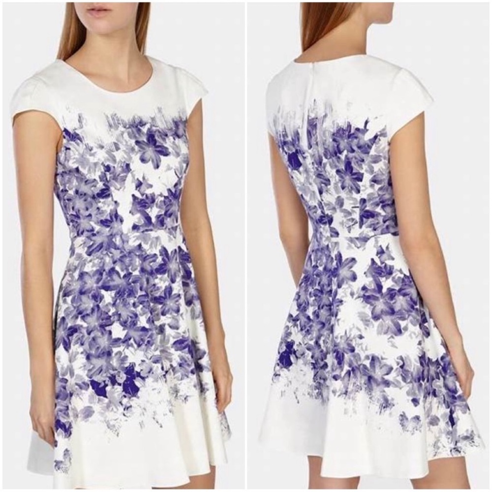 New Karen Millen Cotton Blend Purple White Fit &‎ Flare Floral Dress 4 S